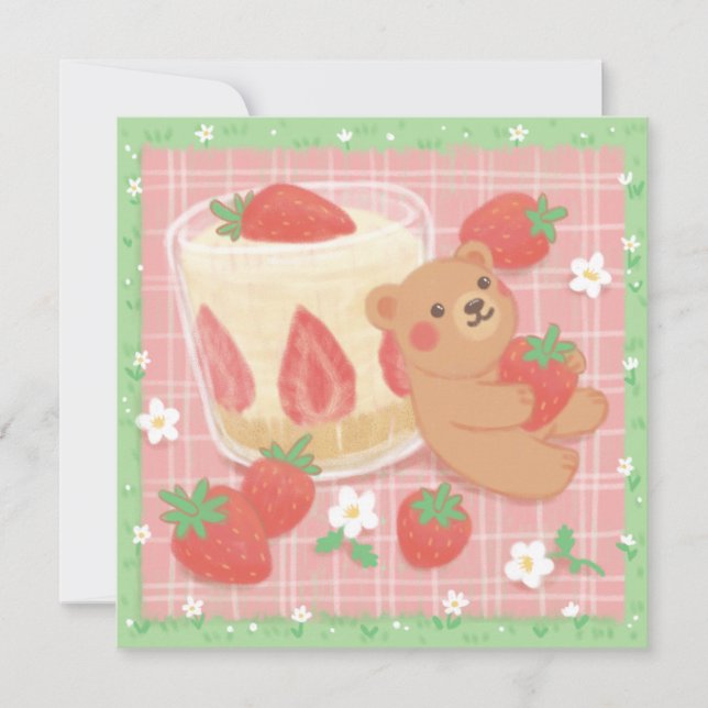 Tarjeta Picnic con oso de peluche con fresas (Anverso)