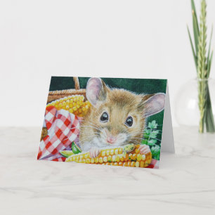Tarjeta Picnic Whimsical Ratón Comer Corn Watercolor Art