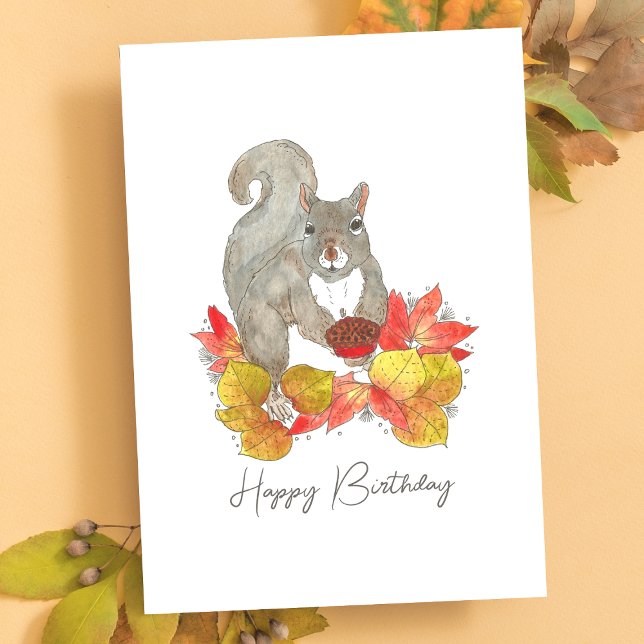 Tarjeta Pie de cumpleaños de ardilla (Cute Autumn Squirrel Watercolor Birthday Card)