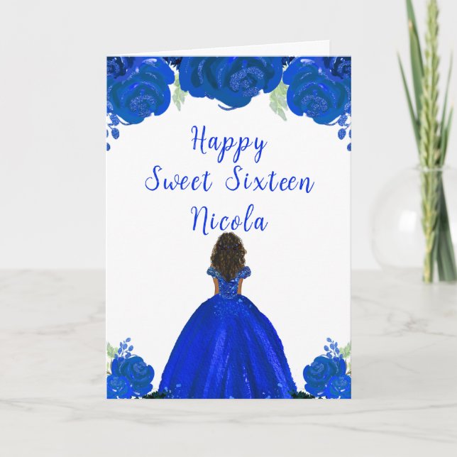 Tarjeta Piel Oscura Princesa Azul Floral Dulce Dieciséis (Anverso)