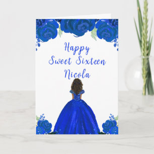 Tarjeta Piel Oscura Princesa Azul Floral Dulce Dieciséis
