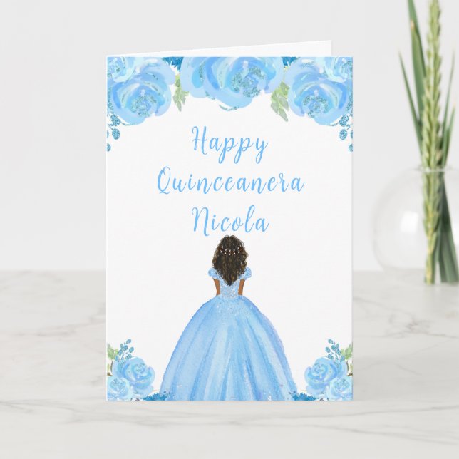 Tarjeta Piel Oscura Princesa Floral Azul Quinceanera (Anverso)