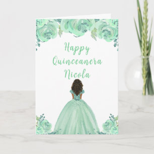 Tarjeta Piel Oscura Princesa Mint Floral Quinceanera