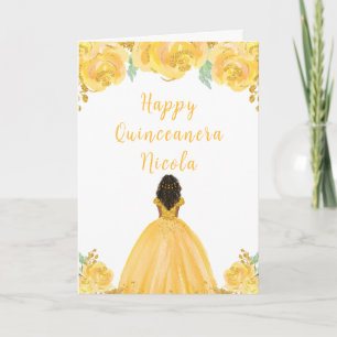 Tarjeta Piel Oscura Princesa Oro Floral Quinceanera