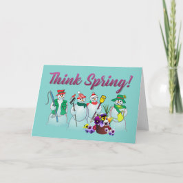 Tarjeta Piensa en primavera con hombres de nieve y paneses