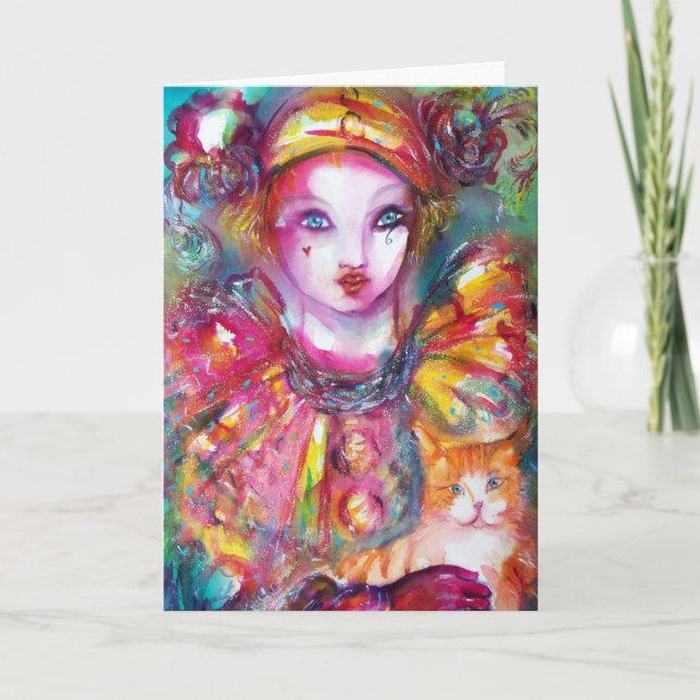Tarjeta Pierrot con Gato / Máscaras de Carnaval Veneciano (Anverso)
