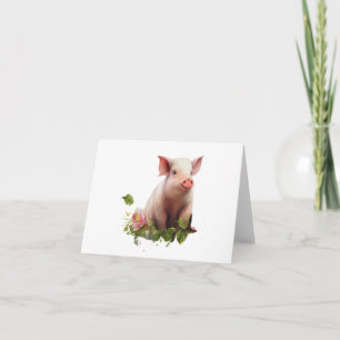 Tarjeta Piglet acuarela con flores en BLANCO