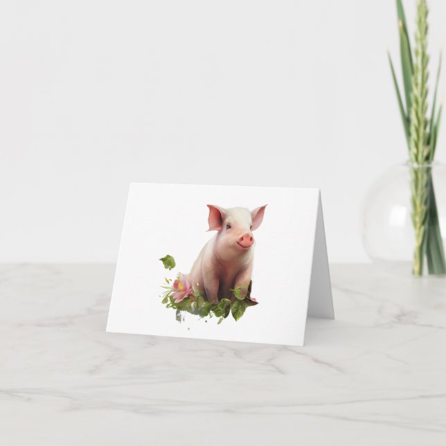 Tarjeta Piglet acuarela con flores en BLANCO (Anverso)