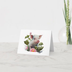 Tarjeta Piglet acuarela con flores en BLANCO