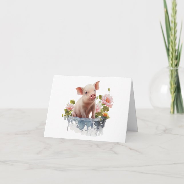 Tarjeta Piglet Cute con agua y flores en BLANCO (Anverso)