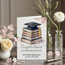 Tarjeta Pila de Libros de Acuarela Flor de Cerezo Graduaci