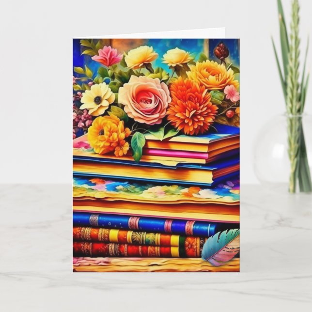 Tarjeta Pile de libros antiguos y flores Cumpleaños (Anverso)