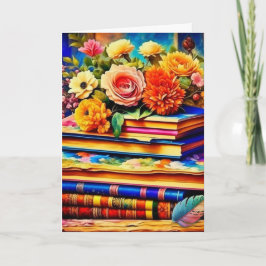 Tarjeta Pile de libros antiguos y flores Cumpleaños