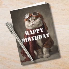Tarjeta Piloto Aviador Gatito Cumpleaños Divertido Aviació