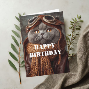 Tarjeta Piloto Aviador Gatito de Cumpleaños Divertido Geni