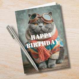 Tarjeta Piloto Aviador Gato Cumpleaños Divertido Aviación 