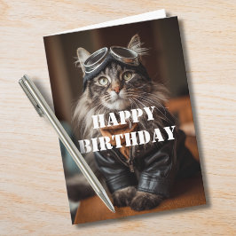 Tarjeta Piloto De Cumpleaños Gato Aviador Divertido Genial