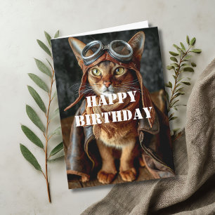 Tarjeta Piloto De Cumpleaños Gato Aviador Divertido Gracio