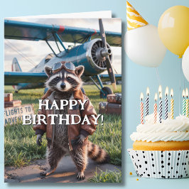 Tarjeta Piloto de mapaches de cumpleaños y foto de avión d