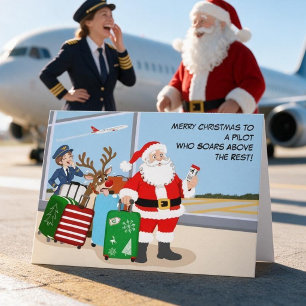 Tarjeta Piloto Femenina Divertida Navidad Santa y Reno