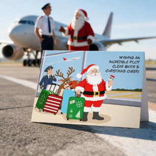 Tarjeta Piloto masculino divertido de Navidad con Santa y