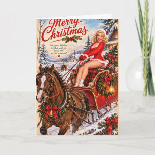 Tarjeta Pin-Up Navideño Vintage en Trineo Tirado por Cabal