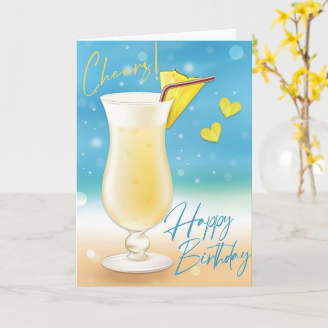 Tarjeta Pina Colada Cheers Happy Birthday Card (flor amarilla)