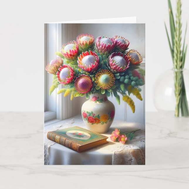 Tarjeta Pincushion Protea Bouquet Con Libro Antiguo (Anverso)
