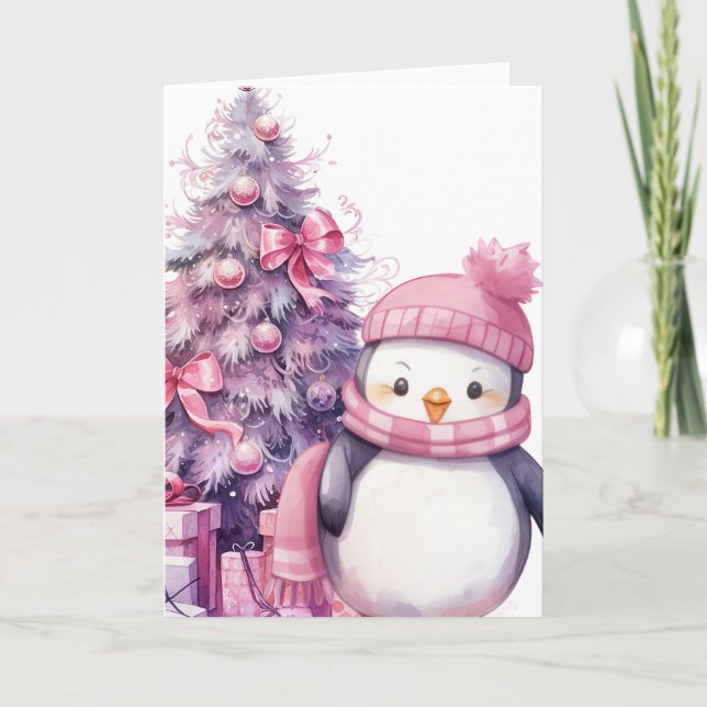 Tarjeta Pingüino acuático y árbol de Navidad rosado (Anverso)