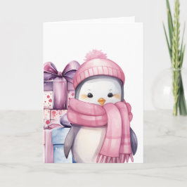 Tarjeta Pingüino adorable de acuarela en rosa con regalos