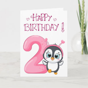 Tarjeta Pingüino Adorable Feliz 2do Cumpleaños