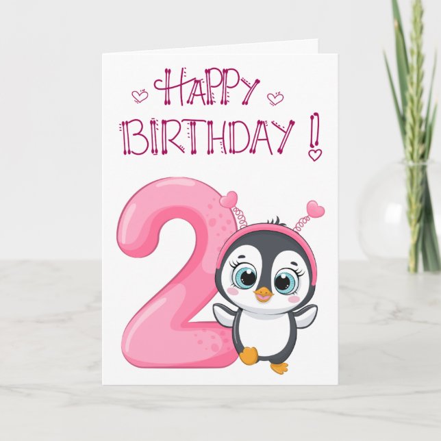 Tarjeta Pingüino Adorable Feliz 2do Cumpleaños (Anverso)