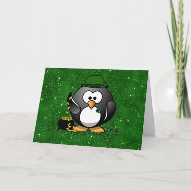Tarjeta Pingüino afortunado del Día de San Patricio con Or (Anverso)