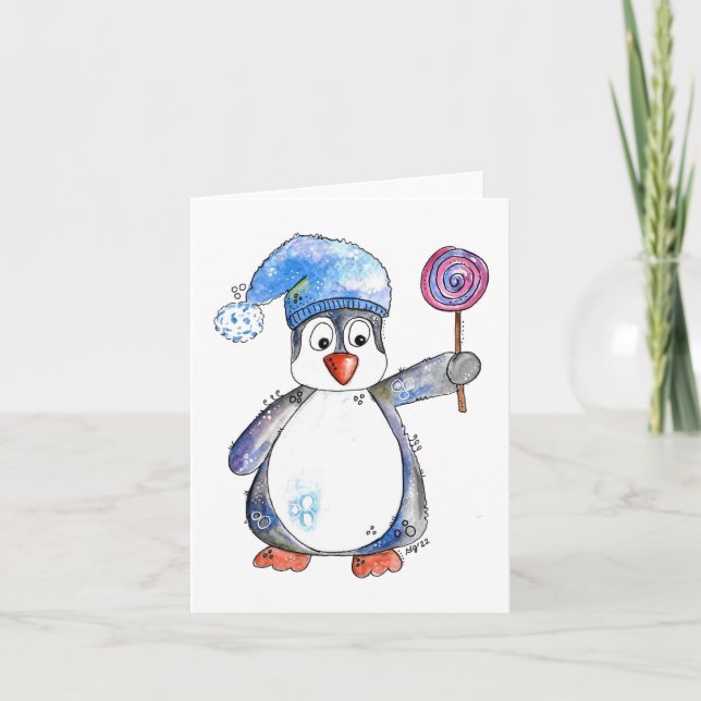 Tarjeta Pingüino Caprichoso Adorable con una Piruleta (Anverso)