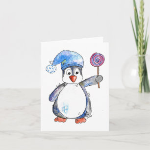 Tarjeta Pingüino Caprichoso y Adorable con una Piruleta