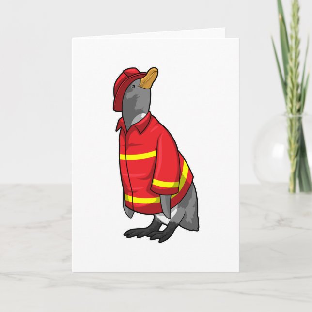Tarjeta Pingüino como bombero con casco (Anverso)