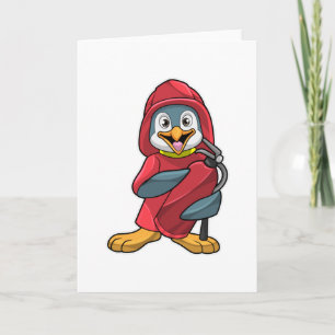 Tarjeta Pingüino como bombero con extintor de incendios
