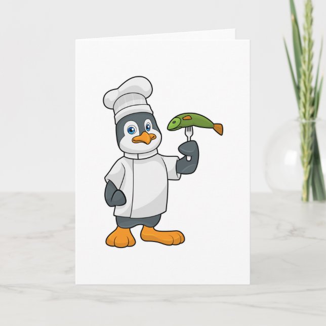 Tarjeta Pingüino como cocinero con delantal de pescado y c (Anverso)