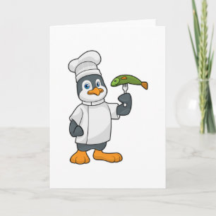 Tarjeta Pingüino como cocinero con pescado y delantal de c