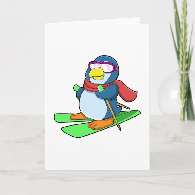 Tarjeta Pingüino como esquiador con bufanda de esquí y gaf (Anverso)