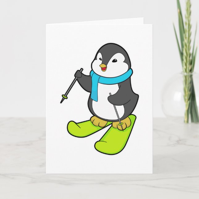 Tarjeta Pingüino como esquiador con esquíes (Anverso)