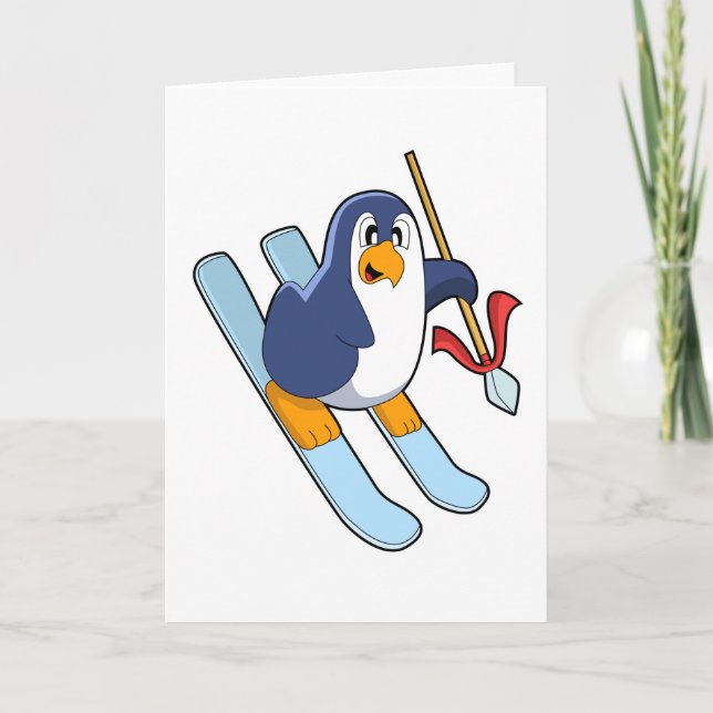 Tarjeta Pingüino como esquiador con esquís (Anverso)