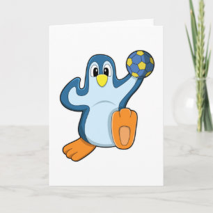 Tarjeta Pingüino como jugador de balonmano con balonmano