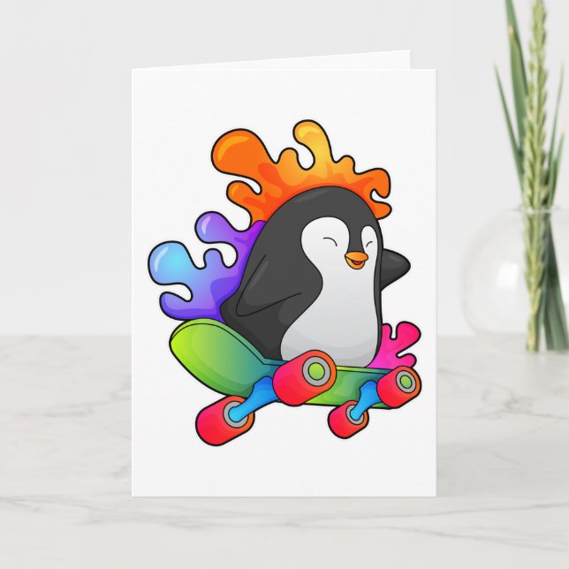 Tarjeta Pingüino como patinador con monopatín (Anverso)