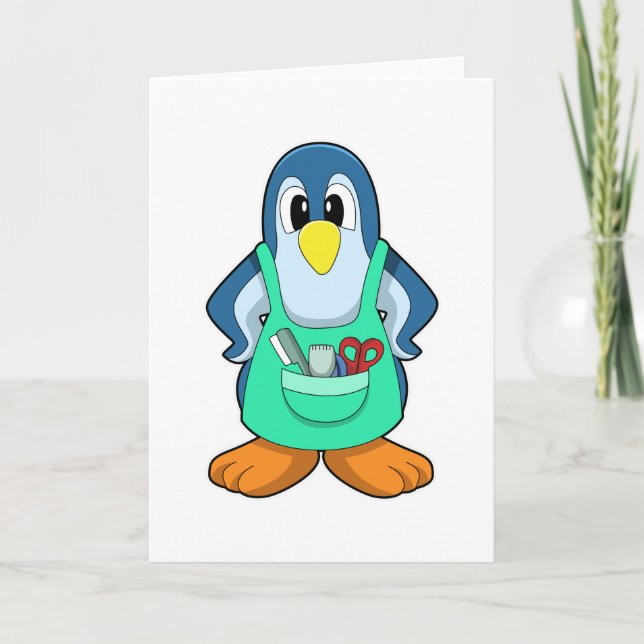 Tarjeta Pingüino como peluquero con tijeras y navaja (Anverso)
