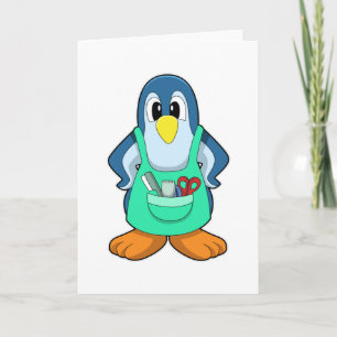 Tarjeta Pingüino como peluquero con tijeras y navaja