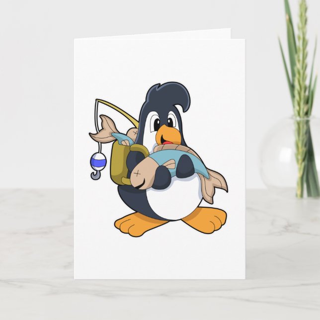 Tarjeta Pingüino como pescador con pescado (Anverso)