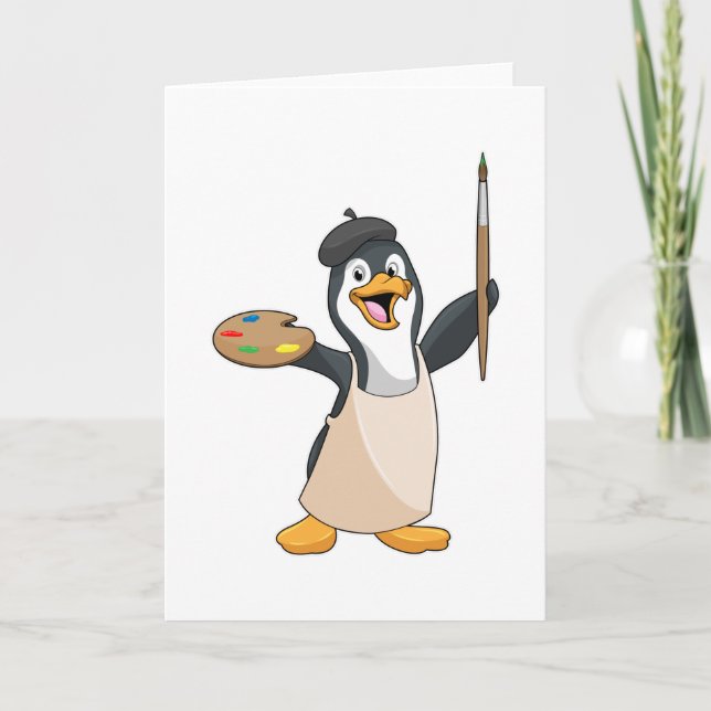 Tarjeta Pingüino como pintador con pincel de pintura y col (Anverso)