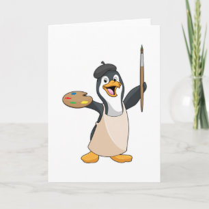 Tarjeta Pingüino como pintor con pincel y color