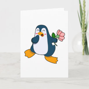 Tarjeta Pingüino con flor rosa